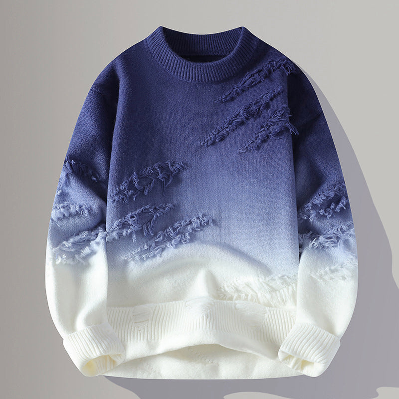 Men’s Crewneck Gradient Sweater with Distressed Finish