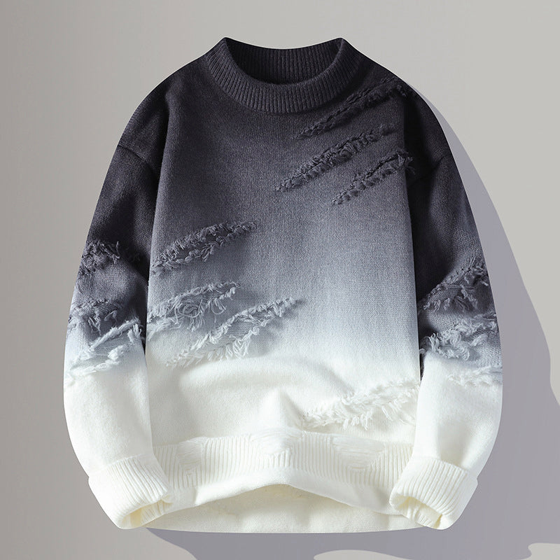 Men’s Crewneck Gradient Sweater with Distressed Finish