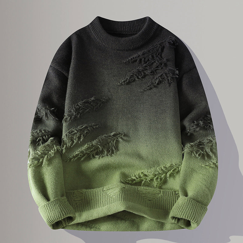 Men’s Crewneck Gradient Sweater with Distressed Finish