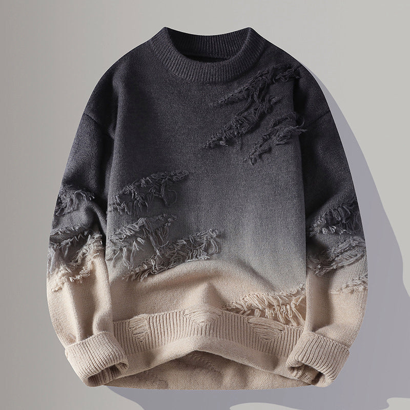 Men’s Crewneck Gradient Sweater with Distressed Finish