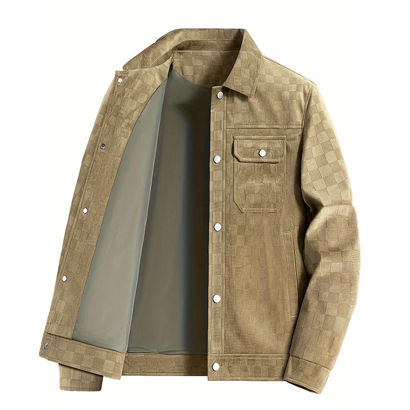 Men’s Faux Suede Checkered Jacket with Button Closure