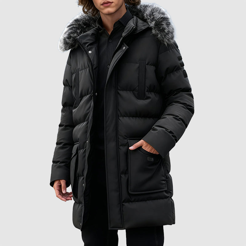Men’s Mid-Length Puffer Coat with Detachable Faux Fur Hood