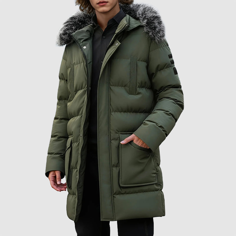 Men’s Mid-Length Puffer Coat with Detachable Faux Fur Hood