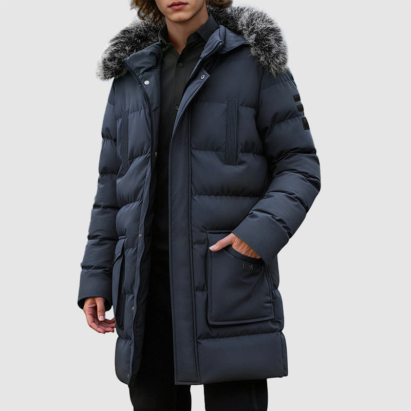 Men’s Mid-Length Puffer Coat with Detachable Faux Fur Hood