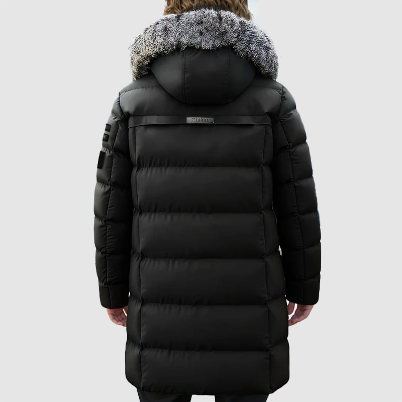 Men’s Mid-Length Puffer Coat with Detachable Faux Fur Hood